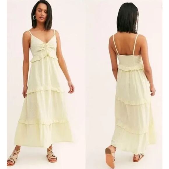 Free People Lemon Yellow Ruffle Tiered Maxi Dress Sz Small Boho Cottage Romantic - Picture 1 of 11